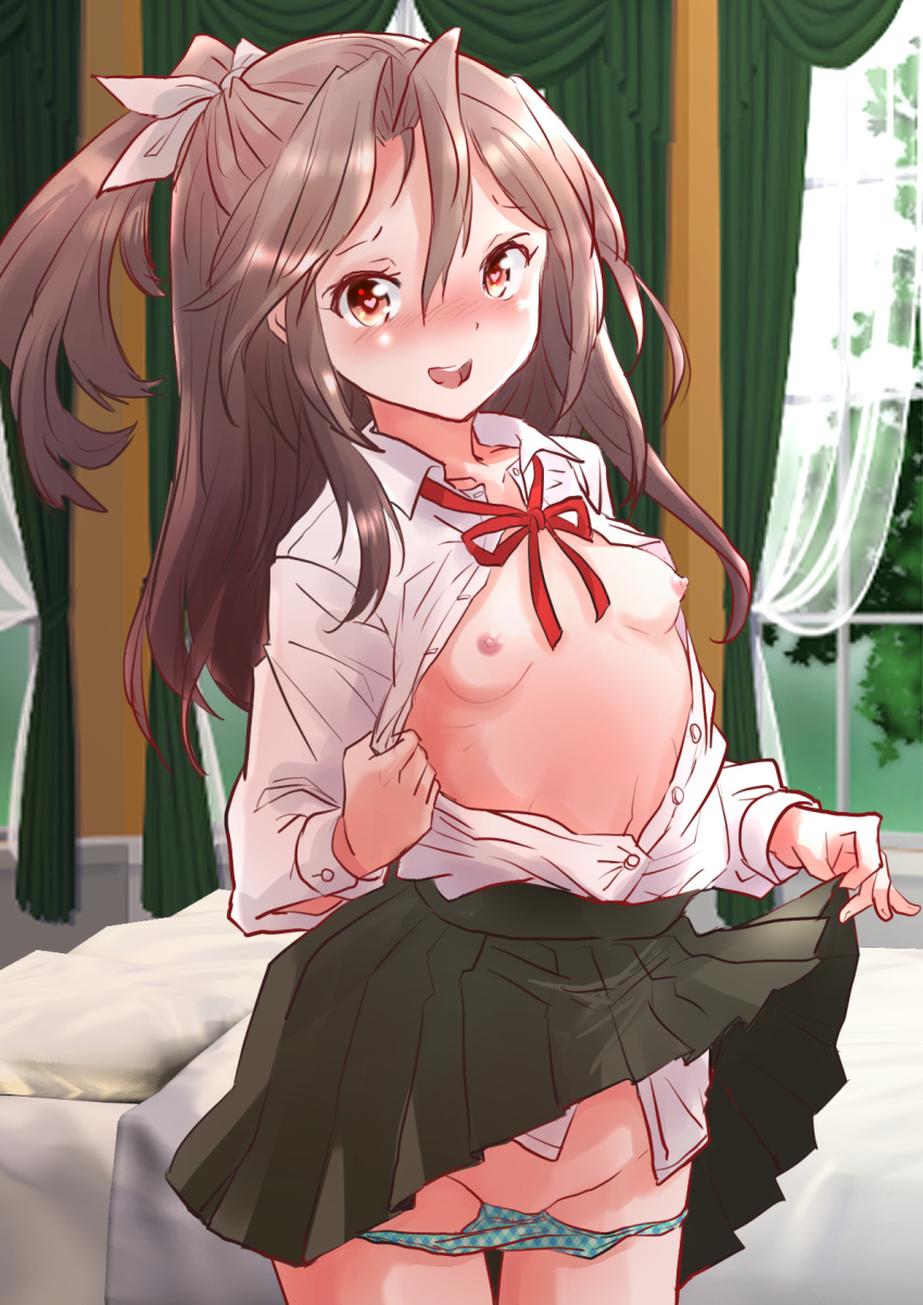 :d bed blush breasts brown_eyes clothes_lift collared_shirt curtains fuji_(pixiv24804665) green_panties grey_hair hair_between_eyes hair_ribbon heart heart-shaped_pupils high_ponytail highres kantai_collection lifted_by_self long_hair long_sleeves looking_at_viewer navel neck_ribbon nipples open_clothes open_shirt panties panty_pull partially_unbuttoned polka_dot polka_dot_panties red_ribbon ribbon shirt skirt skirt_lift small_breasts smile symbol-shaped_pupils underwear white_ribbon white_shirt window zuihou_(kancolle)