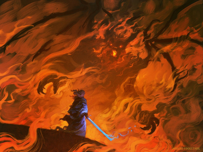 1boy anato_finnstark balrog_(lord_of_the_rings) bridge commentary demon embers english_commentary fire floating_hair from_behind gandalf holding holding_sword holding_weapon long_sleeves mage_staff monster robe standing sword the_lord_of_the_rings tolkien's_legendarium weapon