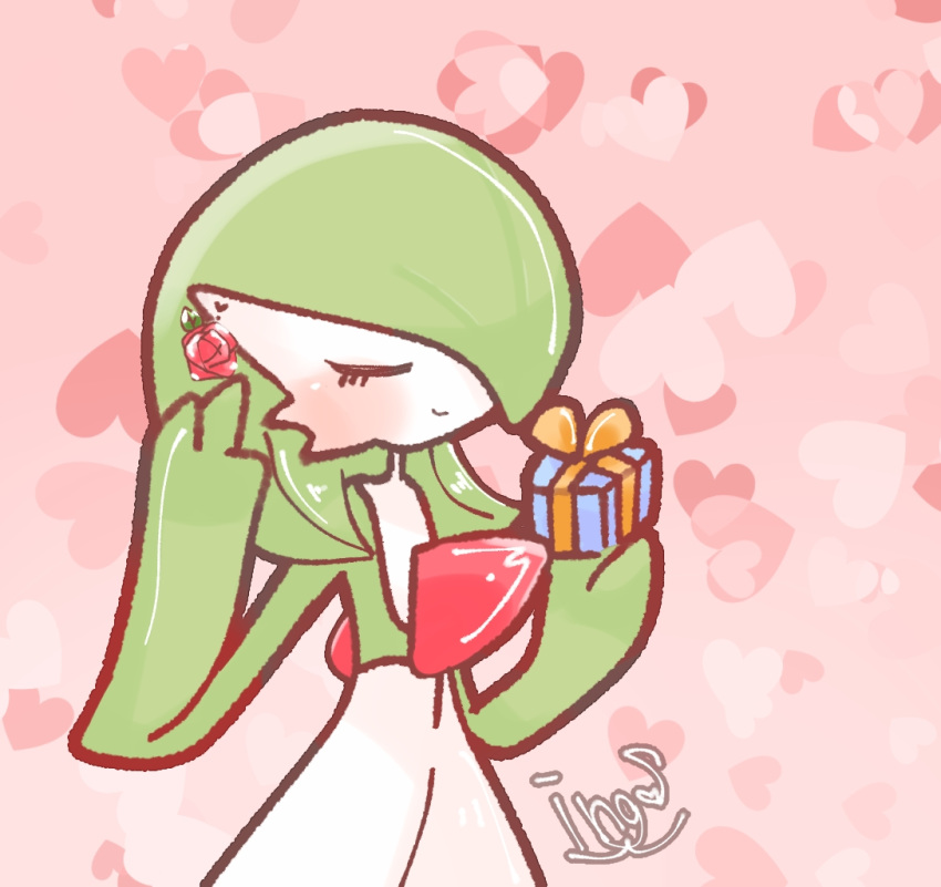 1girl artist_name bangs blush bob_cut box closed_eyes closed_mouth colored_skin commentary_request earrings flat_chest flower flower_earrings gardevoir gift gift_box green_hair green_skin hair_over_one_eye hands_up happy heart heart_background holding holding_gift ingo_(rizumu) jewelry multicolored_skin one_eye_covered pink_background pokemon pokemon_(creature) red_flower red_rose rose shiny shiny_hair short_hair signature smile solo standing two-tone_skin u_u upper_body white_skin