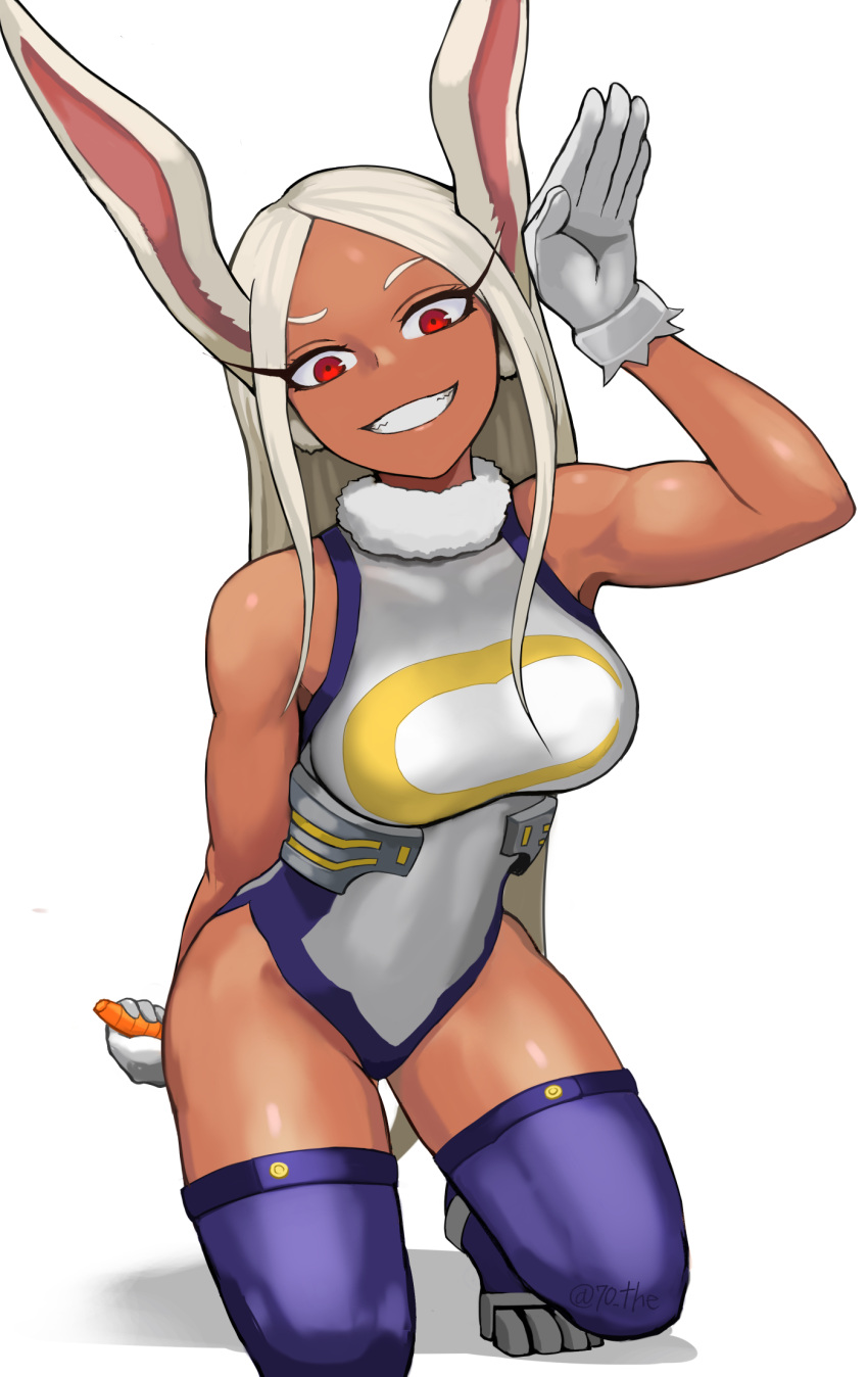 1girl :d animal_ears arm_behind_back arm_up bangs bare_shoulders boku_no_hero_academia breasts bunny_pose carrot crescent_print dark-skinned_female dark_skin fur_collar gloves highleg highleg_leotard highres holding holding_carrot kneeling large_breasts leotard long_eyelashes long_hair looking_at_viewer mirko parted_bangs purple_thighhighs rabbit_ears rabbit_girl red_eyes sleeveless_turtleneck_leotard smile solo sunao_(70_the) taut_leotard teeth thighhighs thighs toned very_long_hair white_background white_gloves white_hair white_leotard