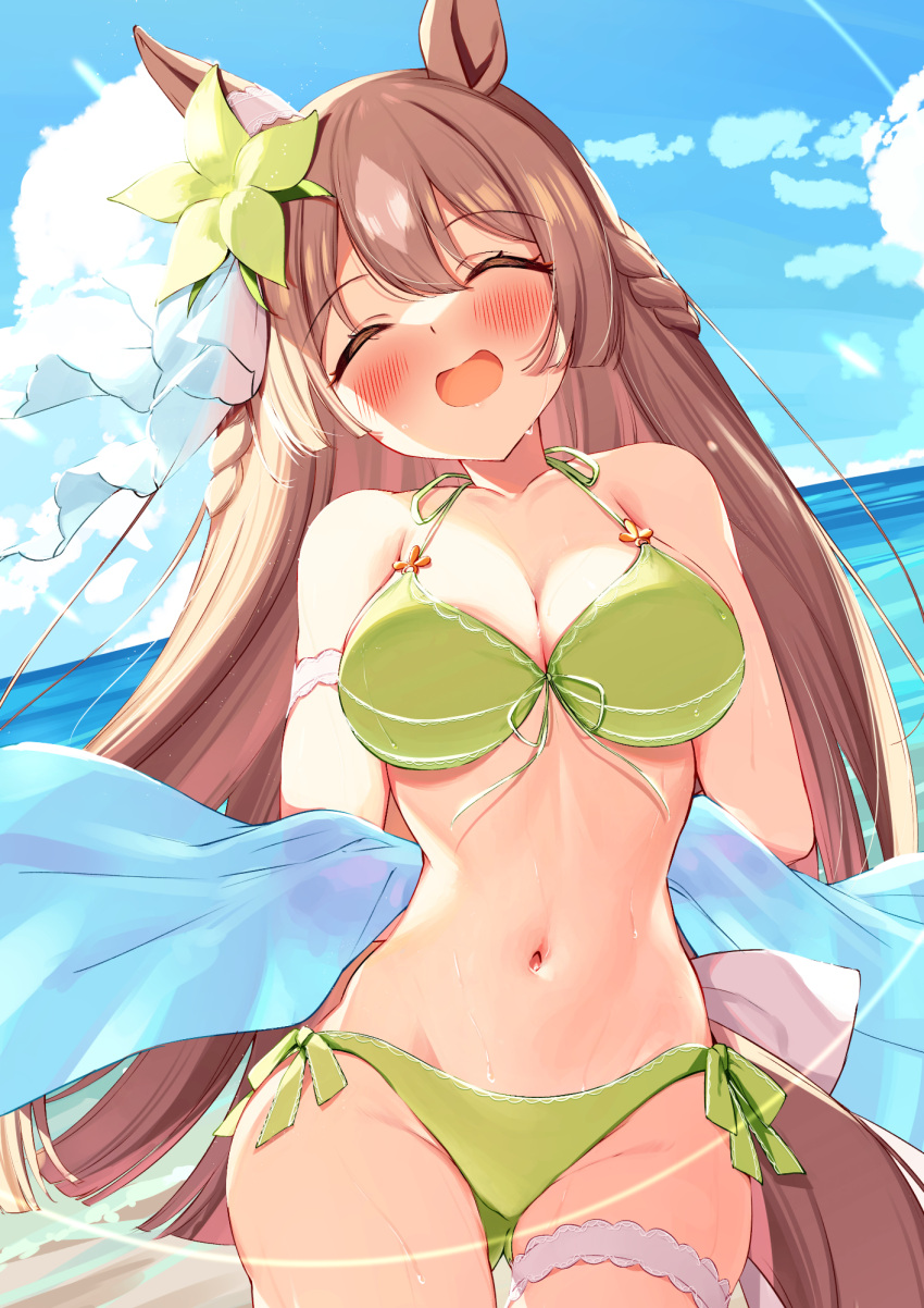 1girl :d animal_ears arms_behind_back ass_visible_through_thighs bangs bikini blue_sky blush braid breasts bridal_garter brown_hair cleavage closed_eyes cloud collarbone commentary_request day green_bikini highres horizon horse_ears horse_girl horse_tail long_hair medium_breasts navel ocean open_mouth outdoors saboten_mushi satono_diamond_(umamusume) sky smile solo stomach swimsuit tail thighs umamusume very_long_hair