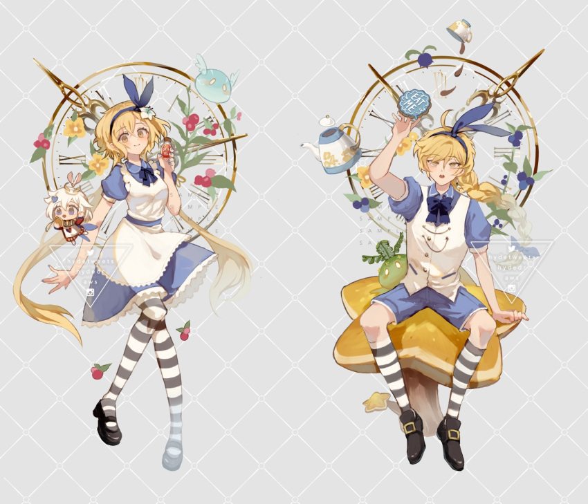 1boy 2girls :o aether_(genshin_impact) ahoge alice_(alice_in_wonderland) alice_(alice_in_wonderland)_(cosplay) alice_in_wonderland animal_ears apron artist_name bangs berry black_footwear blonde_hair blue_bow blue_bowtie blue_dress blue_eyes blue_hairband blue_heart blue_nails blue_ribbon blue_shorts blush bottle bow bowtie braid buckle buttons chain clock clock_hands closed_mouth collared_dress collared_shirt commentary cookie cosplay crossed_bangs cup dress drink_me eat_me english_commentary fairy_wings fingernails floating floating_hair floating_object flower food frilled_apron frilled_dress frills genshin_impact grey_background hair_between_eyes hair_bow hair_flower hair_ornament hair_ribbon hairband hand_on_own_head heart heart_hair_ornament highres holding holding_bottle holding_pocket_watch hyde_(hai-do) instagram_logo instagram_username long_hair long_sleeves looking_at_watch low_twintails lumine_(genshin_impact) mary_janes multiple_girls nail_polish neck_ribbon neck_ruff open_mouth paimon_(genshin_impact) pantyhose plant pocket pocket_watch puffy_short_sleeves puffy_sleeves rabbit_ears reaching ribbon roman_numeral sample_watermark shirt shoes short_hair short_sleeves shorts sidelocks single_braid sitting slime_(genshin_impact) smile socks spilling star_(symbol) striped striped_pantyhose striped_socks tea teacup teapot twintails twitter_logo twitter_username very_long_hair vest watch watermark white_apron white_flower white_hair white_rabbit_(alice_in_wonderland) white_rabbit_(alice_in_wonderland)_(cosplay) white_vest wings yellow_eyes yellow_flower