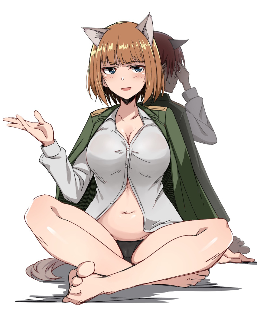 2girls animal_ears black_panties blue_eyes blush brave_witches breasts brown_hair cameltoe cleavage dog_ears dog_tail emu_1316 gundula_rall highres jacket jacket_on_shoulders large_breasts military military_uniform minna-dietlinde_wilcke multiple_girls navel no_bra open_mouth panties shiny shiny_hair shiny_skin shirt short_hair simple_background sitting smile strike_witches tail underwear uniform white_background white_shirt world_witches_series