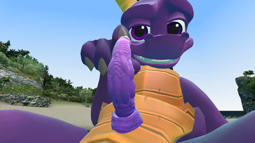 3d_(artwork) activision beach claws digital_media_(artwork) dragon drakeledragon erection feral finger_claws finger_on_penis fingers genitals gesture invalid_tag male orange_body penis pointing pointing_at_penis presenting presenting_penis purple_body purple_eyes purple_penis seaside smile solo spyro spyro_the_dragon touching_penis video_games