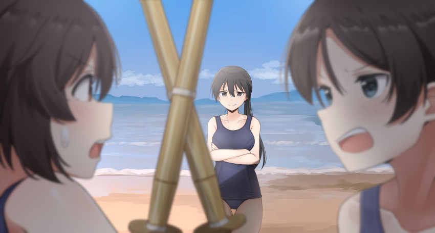 beach black_hair blue_eyes blue_one-piece_swimsuit blush bokken brave_witches breasts brown_hair closed_mouth crossed_arms emu_1316 freckles highres karibuchi_hikari kitagou_fumika large_breasts long_hair misumi_miya ocean outdoors ponytail shiny shiny_hair sky smile swimsuit sword weapon wooden_sword world_witches_series