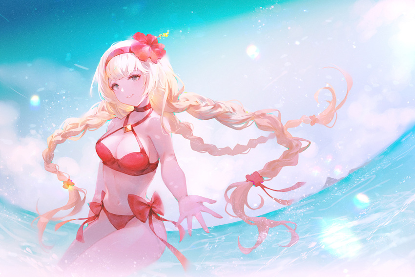 1girl athena_(granblue_fantasy) bangs bikini blonde_hair breasts brown_eyes choker cleavage criss-cross_halter fisheye flower granblue_fantasy hair_flower hair_ornament hairband halterneck long_hair looking_at_viewer medium_breasts navel reaching_out red_bikini smile solo swimsuit tri_braids vienri water