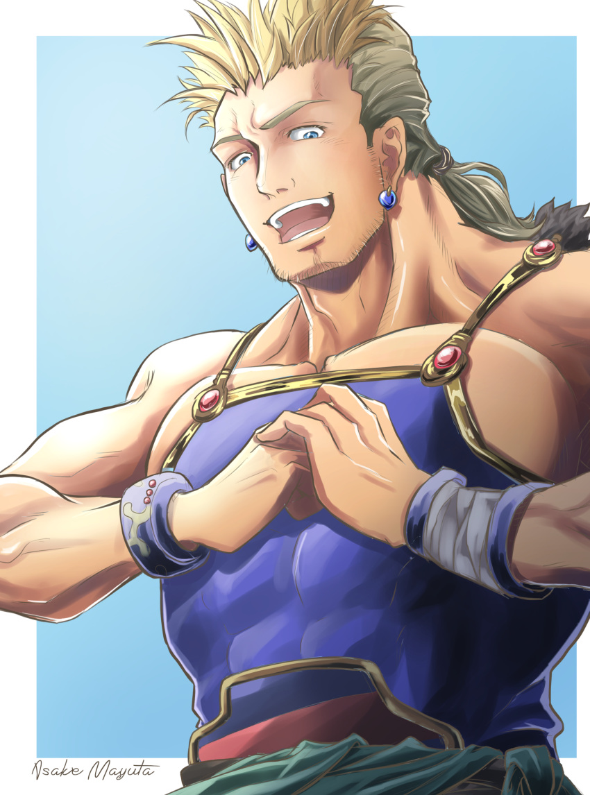 absurdres bara blonde_hair blue_background blue_eyes bracelet collarbone cracking_knuckles earrings facial_hair final_fantasy final_fantasy_vi highres jewelry long_hair looking_at_viewer magnoliaboxuzu male_focus mash_rene_figaro muscular muscular_male open_mouth ponytail signature smile