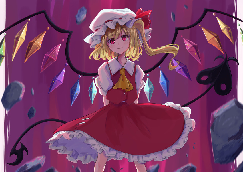 100th_black_market 1girl absurdres arms_behind_back ascot blonde_hair closed_mouth collared_shirt crystal feet_out_of_frame flandre_scarlet frilled_skirt frills hat hat_ribbon head_tilt highres laevatein_(touhou) light_smile looking_at_viewer medium_hair mob_cap multicolored_wings puffy_short_sleeves puffy_sleeves purple_background red_eyes red_ribbon red_skirt red_vest ribbon ribbon-trimmed_headwear ribbon_trim shirt short_sleeves side_ponytail simple_background skirt skirt_set solo touhou uzumibi vest white_headwear white_shirt wings yellow_ascot