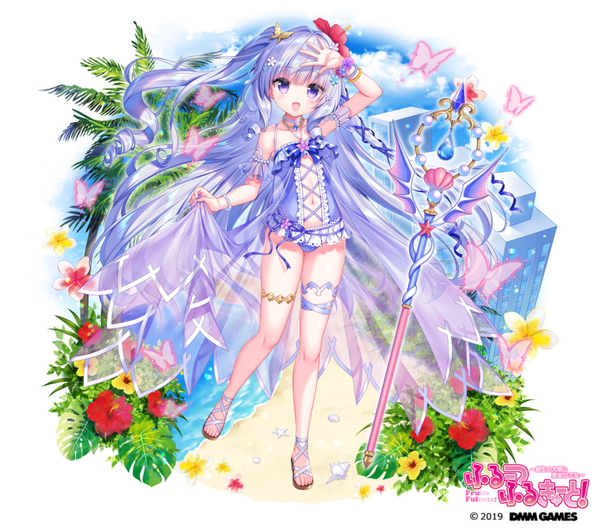 1girl :d arm_up bandaged_leg bandages bangs bare_shoulders blue_one-piece_swimsuit blush breasts brown_footwear building butterfly_hair_ornament character_request collarbone copyright_name detached_sleeves flower fruits_fulcute! grey_hair hair_flower hair_ornament hibiscus long_hair looking_at_viewer navel one_side_up orange_flower palm_tree puffy_short_sleeves puffy_sleeves purple_eyes red_flower ringlets sakura_neko sandals see-through see-through_sleeves short_sleeves sidelocks small_breasts smile solo staff standing standing_on_one_leg swimsuit tree very_long_hair watermark yellow_flower
