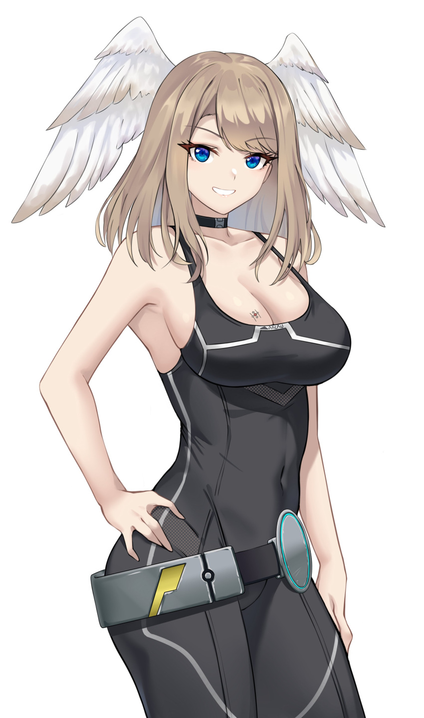 1girl absurdres bangs black_bodysuit black_choker blue_eyes bodysuit breast_tattoo breasts brown_hair choker cleavage covered_navel crimecrime eunie_(xenoblade) feathered_wings head_wings highres large_breasts looking_at_viewer simple_background solo tattoo white_background white_wings wings xenoblade_chronicles_(series) xenoblade_chronicles_3