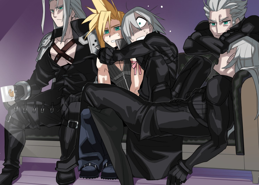 5boys aqua_eyes arm_ribbon armor bangs black_footwear black_gloves black_jacket black_pants blonde_hair boots chest_strap chocobo clenched_teeth cloud_strife coffee_mug couch crossed_arms cup final_fantasy final_fantasy_vii final_fantasy_vii_advent_children full_body gloves grey_hair grey_shirt hair_between_eyes hair_over_one_eye hair_slicked_back high_collar holding holding_cup jacket kadaj long_hair loz male_focus mug multiple_boys one_eye_covered open_collar pants parted_bangs pink_ribbon ribbon sephiroth shirt short_hair shoulder_armor sleeping sleeveless sleeveless_shirt spiked_hair sub_fan_art sweatdrop teeth wide-eyed yazoo