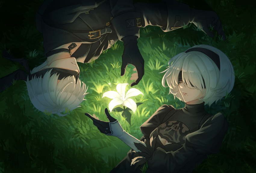 1boy 1girl black_blindfold black_dress black_gloves black_hair black_jacket blindfold bob_cut dress feather_trim flower gloves glowing_flower grass hair_between_eyes highres huan_ying jacket juliet_sleeves long_sleeves mole mole_under_mouth nier_(series) nier_automata parted_lips pendant_choker puffy_sleeves short_hair turtleneck white_flower white_hair yorha_no._2_type_b yorha_no._9_type_s