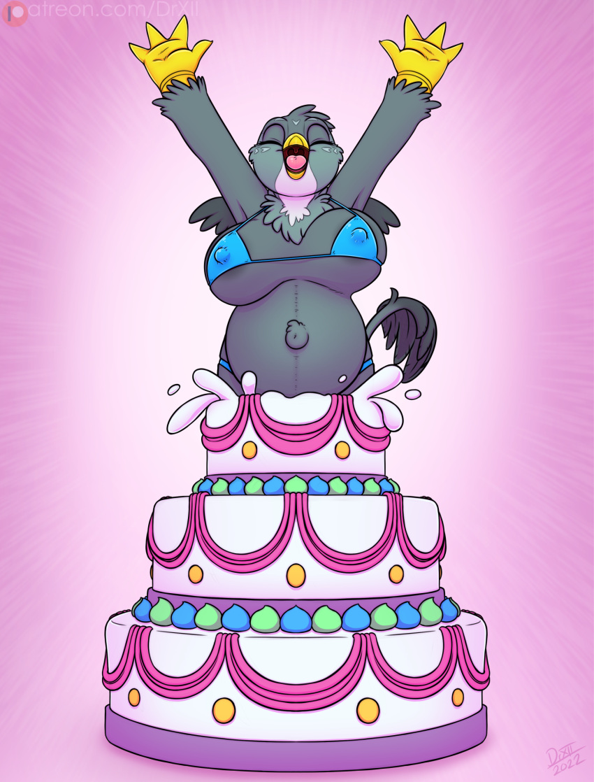 anthro avian beak belly big_belly big_breasts bikini birthday_cake bouncing_breasts breasts cake clothed clothing dessert digital_media_(artwork) drxii feathered_wings feathers female food food_fetish food_play friendship_is_magic fur gabby_(mlp) gryphon hasbro hi_res huge_breasts in_food mammal my_little_pony mythological_avian mythology navel nipple_outline non-mammal_breasts open_mouth pop_out_cake pregnant smile solo swimwear wings