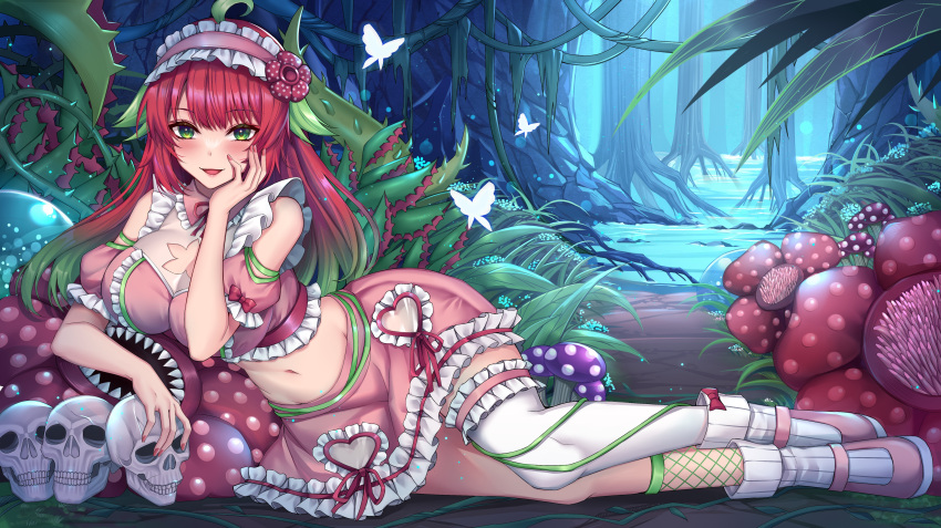 1girl absurdres bangs bare_shoulders blush breasts detached_sleeves full_body green_eyes gu_li highres indie_virtual_youtuber large_breasts long_hair looking_at_viewer lying navel on_side outdoors parted_lips pink_skirt red_hair short_sleeves skirt skull smile solo teeth thighhighs thighs virtual_youtuber white_thighhighs