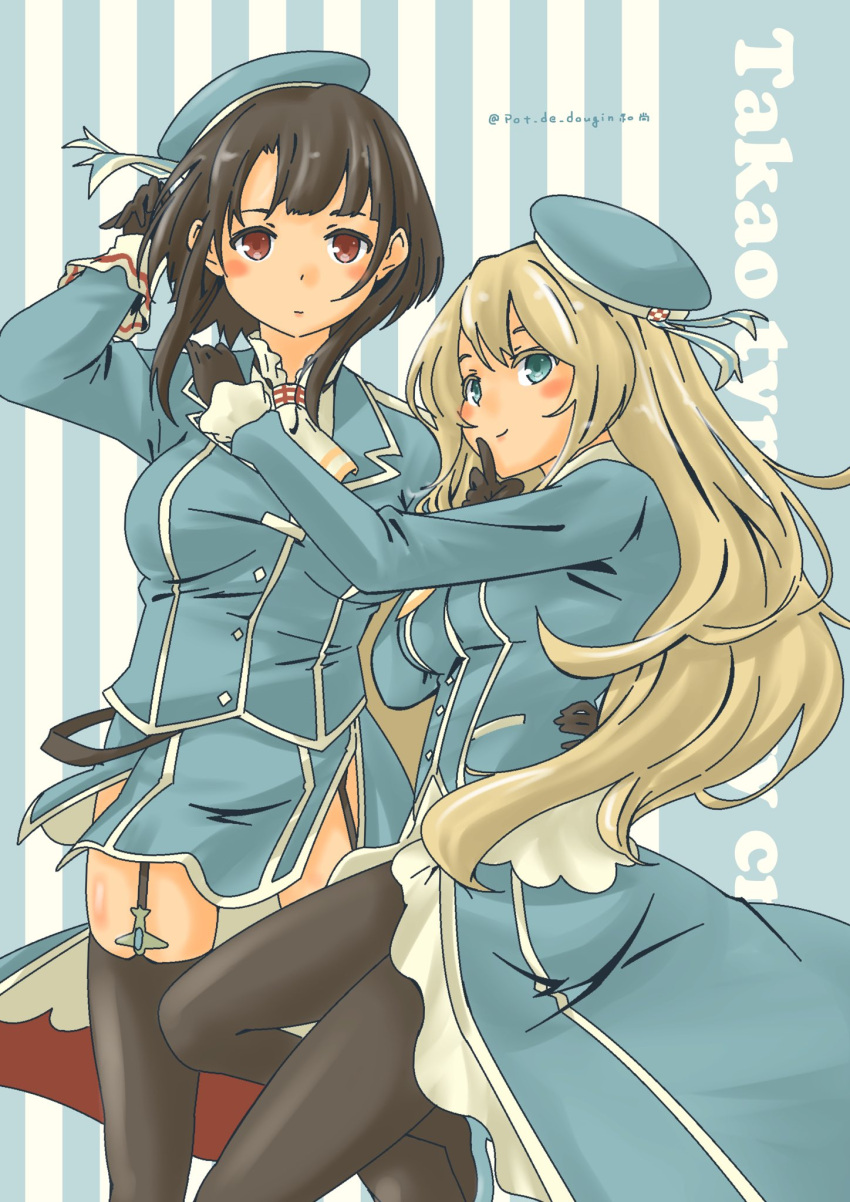 ascot atago_(kancolle) beret black_gloves black_hair black_skirt black_thighhighs blonde_hair blue_background blue_headwear blue_jacket breasts collared_shirt fur_collar garter_straps gloves green_eyes hair_between_eyes hat highres jacket kantai_collection large_breasts long_hair long_sleeves military military_uniform miniskirt pantyhose pot-de red_eyes shirt short_hair showgirl_skirt skirt striped striped_background takao_(kancolle) thighhighs twitter_username uniform