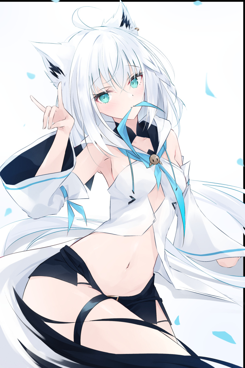 1girl ahoge animal_ears aqua_eyes armpits bangs black_shorts blue_neckerchief braid breasts cutout_above_navel detached_sleeves ear_piercing earrings fingernails fox_ears fox_girl fox_shadow_puppet fox_tail front_slit grey_hair groin hair_between_eyes highres hololive jewelry long_hair looking_at_viewer mouth_hold navel neckerchief neckerchief_in_mouth nerusu piercing shirakami_fubuki short_shorts shorts side_braid single_earring small_breasts solo strapless tail thigh_strap virtual_youtuber white_sleeves wide_sleeves