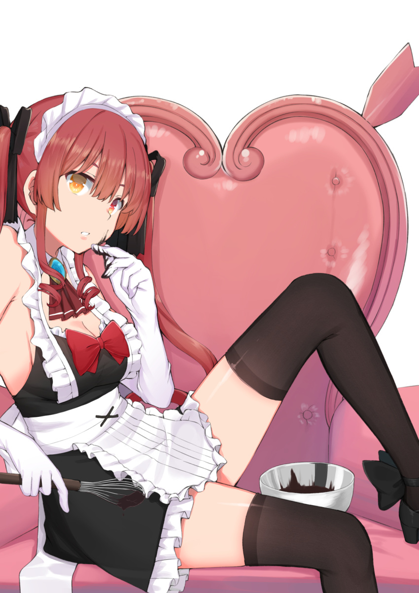 1girl alternate_costume black_dress black_ribbon black_thighhighs breasts cleavage couch dress elbow_gloves enmaided food food_on_face fox_shadow_puppet frilled_dress frills gloves hair_ribbon heterochromia highres hololive houshou_marine kaname_(melaninusa09) knee_up long_hair looking_at_viewer maid maid_headdress medium_breasts on_couch parted_lips red_eyes red_hair ribbon sagging_breasts short_dress sitting sleeveless sleeveless_dress solo thighhighs twintails valentine virtual_youtuber white_gloves yellow_eyes