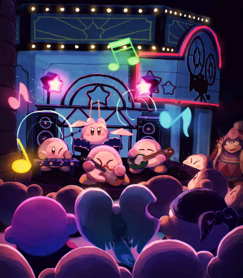 absurdres band bandana bandana_waddle_dee blue_bandana brown_eyes closed_eyes dark_background elfilin from_behind highres instrument king_dedede kirby kirby_(series) kirby_and_the_forgotten_land light movie_theater music musical_note night no_humans no_mouth one_eye_closed open_mouth sound_wave suyasuyabi waddle_dee