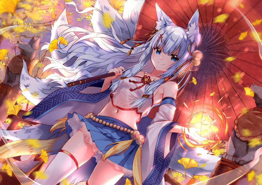1girl animal_ear_fluff animal_ears bare_shoulders bell blue_eyes blue_hair blue_skirt breasts collarbone detached_sleeves falling_leaves fang fox_ears fox_tail hair_bell hair_ornament highres jingle_bell kuuki_shoujo leaf navel red_umbrella sideboob skirt solo statue tail the_personification_of_atmosphere thighhighs tree umbrella usagihime white_thighhighs