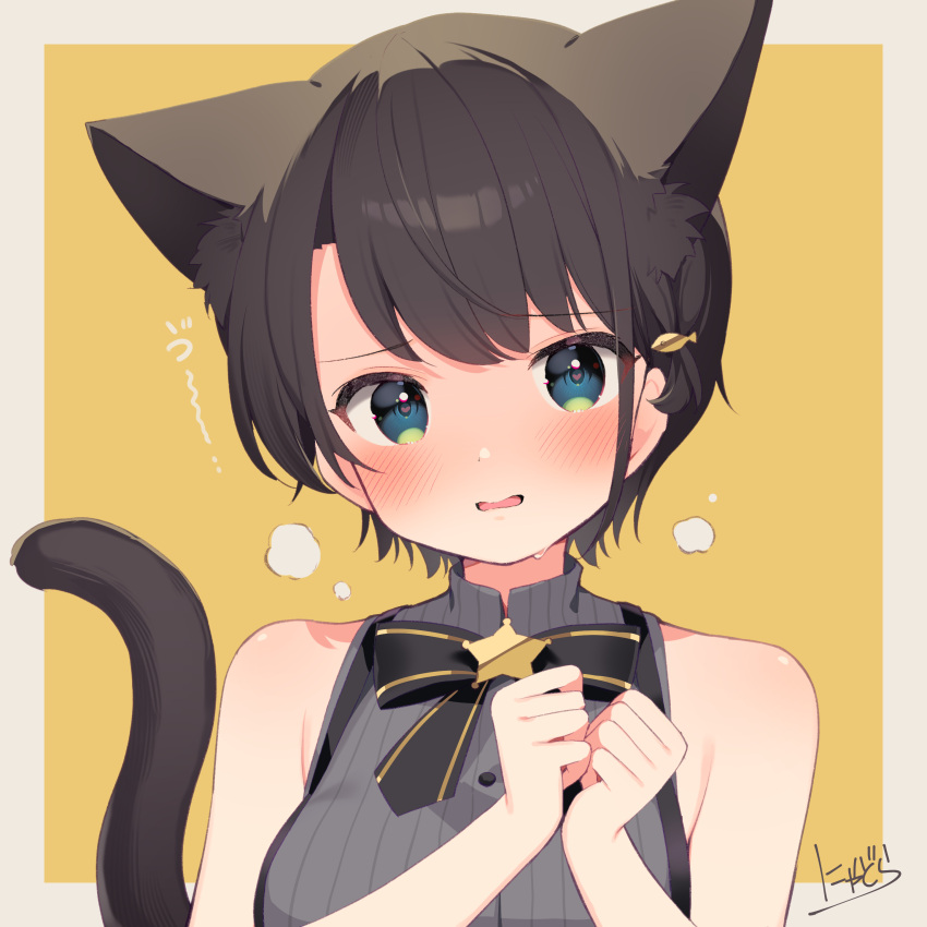 1girl absurdres animal_ears bangs black_bow black_bowtie blue_eyes bow bowtie breasts brown_hair cat_ears cat_tail extra_ears highres hololive large_breasts looking_at_viewer nyasunyadoora oozora_subaru shirt short_hair simple_background sleeveless sleeveless_shirt solo tail upper_body virtual_youtuber