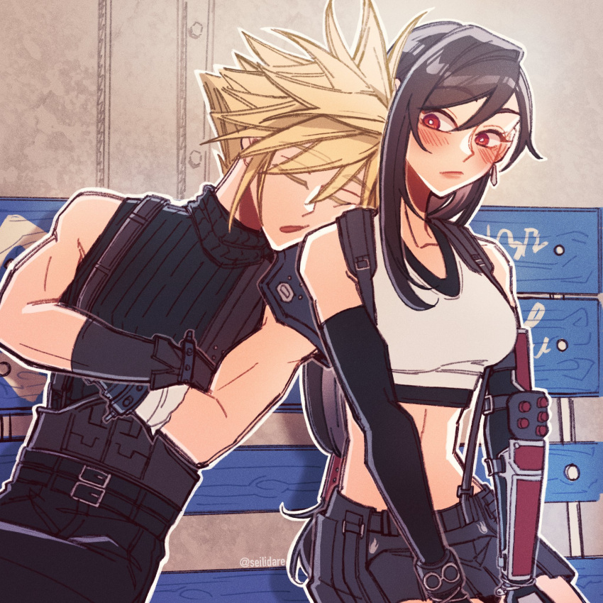 1boy 1girl arm_armor armor bare_shoulders bench black_hair black_skirt blonde_hair blush breasts cloud_strife crop_top crossed_arms detached_sleeves earrings final_fantasy final_fantasy_vii final_fantasy_vii_remake gloves head_on_another's_shoulder highres jewelry long_hair looking_at_another low-tied_long_hair midriff red_eyes seilidare shoulder_armor sitting skirt sleeping sleeping_on_person spiked_hair suspender_skirt suspenders sweater tank_top tifa_lockhart turtleneck turtleneck_sweater white_tank_top
