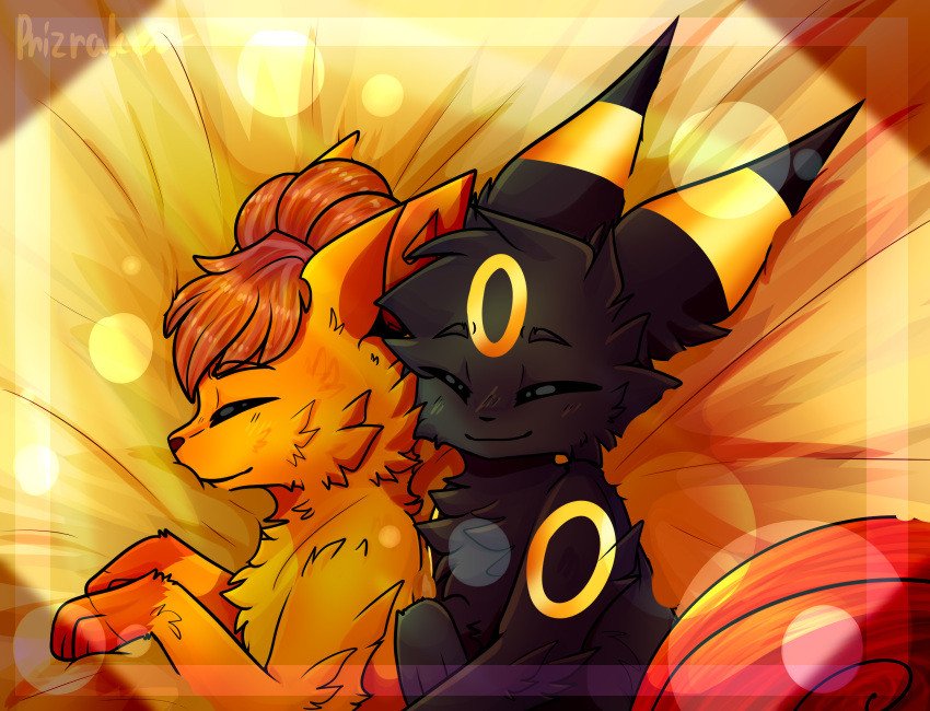 colorful cuddling eeveelution female feral generation_1_pokemon generation_2_pokemon glistening glistening_body hi_res male male/female nintendo nuzzling pokemon pokemon_(species) prizrak umbreon video_games vulpix