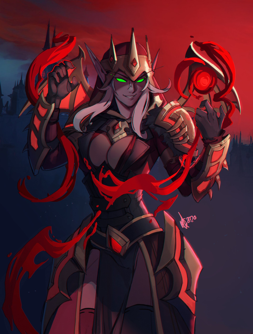 1girl absurdres armor black_thighhighs blood_elf_(warcraft) breasts center_opening cleavage cleavage_cutout clothing_cutout colored_sclera colored_skin distr fingernails green_eyes green_sclera grey_skin grin hands_up hemokinesis highres large_breasts long_fingernails long_hair looking_at_viewer pauldrons pointy_ears shoulder_armor signature smile solo thighhighs warcraft white_hair world_of_warcraft