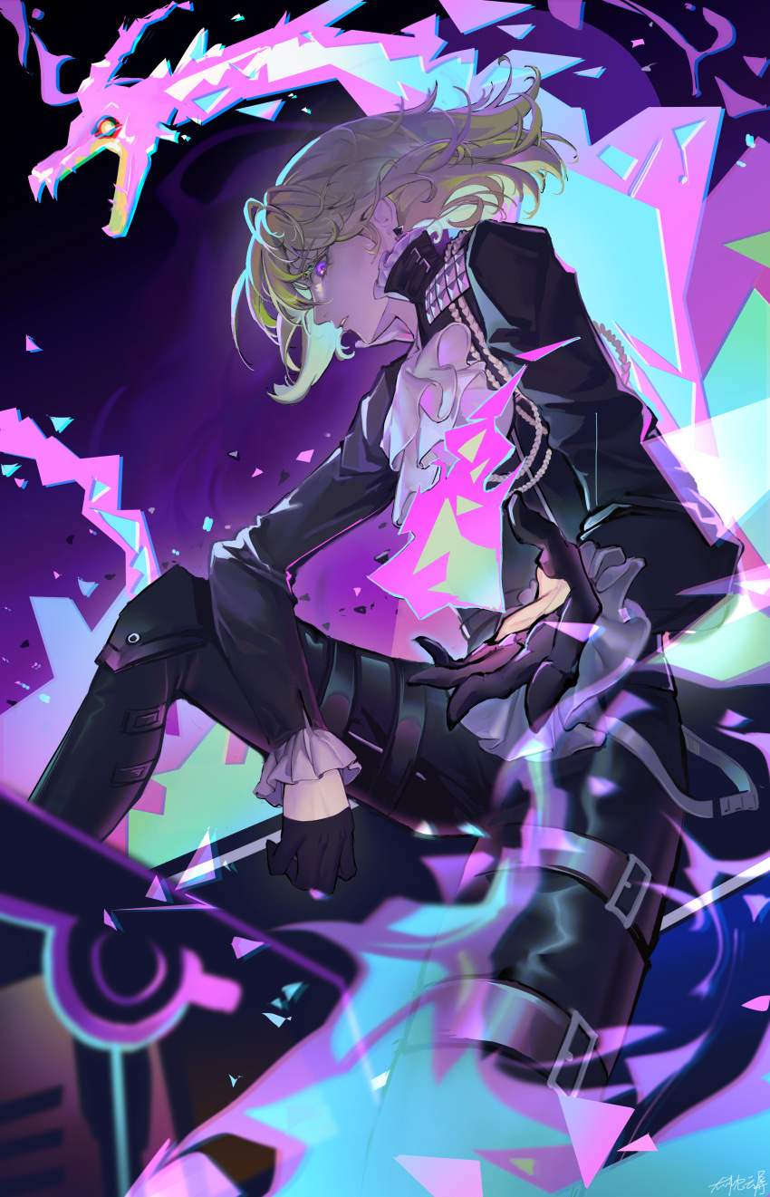 1boy absurdres androgynous ascot bangs black_jacket blue_fire elbow_on_knee fire gloves green_fire green_hair half_gloves highres iyun jacket lio_fotia long_sleeves looking_at_viewer male_focus outstretched_arm parted_lips promare purple_eyes purple_fire pyrokinesis short_hair sitting solo studded