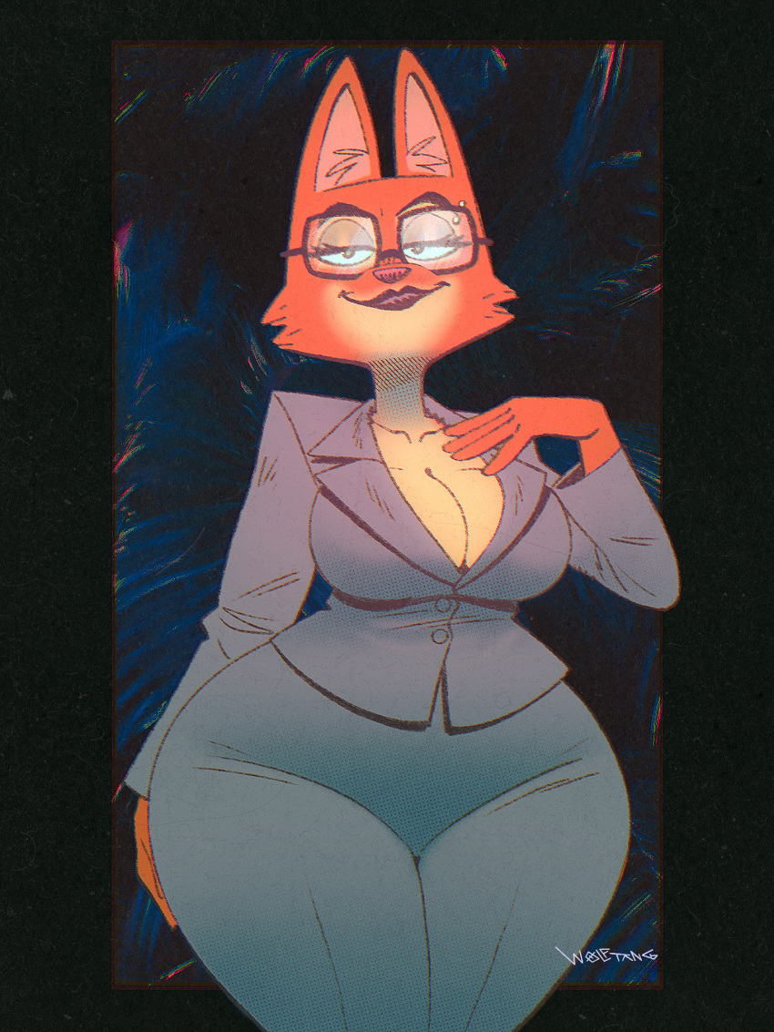 anthro artist_name big_breasts breasts canid canine cleavage clothed clothing curvy_figure diane_foxington dreamworks eyebrow_piercing eyewear facial_piercing female fingers fox fur glasses hi_res mammal multicolored_body multicolored_fur narrowed_eyes orange_body orange_fur piercing portrait solo standing suit tan_body tan_fur the_bad_guys thick_thighs three-quarter_portrait two_tone_body two_tone_fur voluptuous wide_hips wolftang