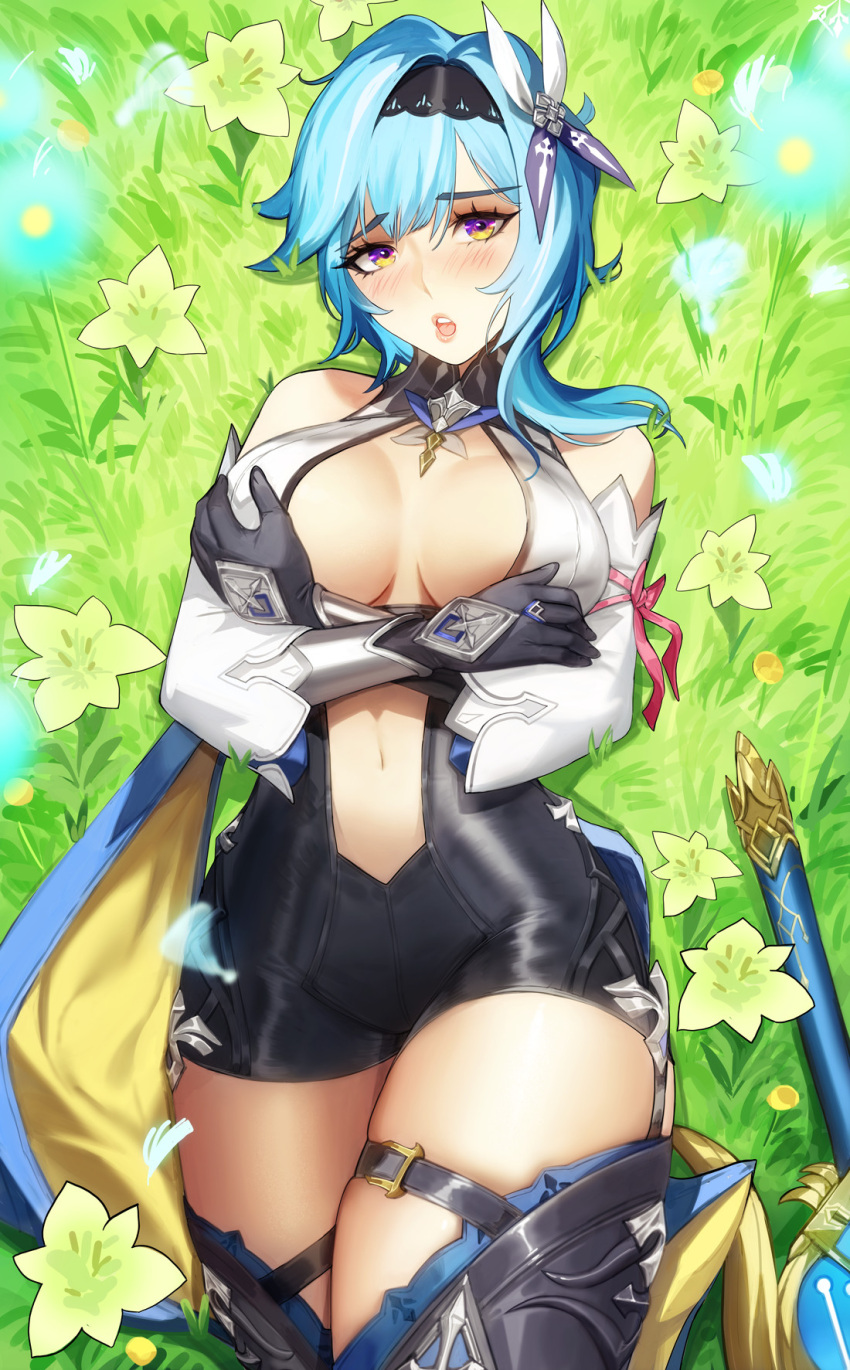 1girl bangs bare_shoulders black_gloves black_hairband black_shorts blue_cape blue_flower blue_hair blush breasts butterfly_hair_ornament cape cleavage crossed_arms detached_sleeves eula_(genshin_impact) flower genshin_impact gloves grass hair_between_eyes hair_ornament hairband hand_on_own_chest highres ja_mong large_breasts looking_at_viewer lying medium_hair midriff multicolored_eyes navel on_back open_mouth outdoors purple_eyes short_shorts shorts skindentation solo thigh_strap two-tone_cape white_sleeves yellow_cape yellow_eyes yellow_flower