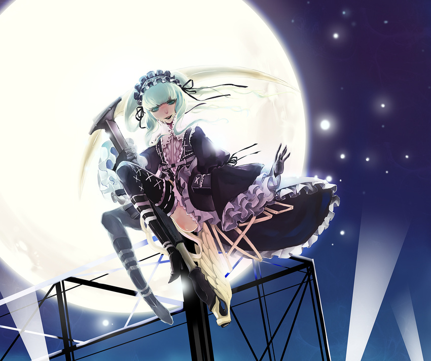 full_moon gothic_lolita gun highres lolita_fashion margaret_moonlight moon night no_more_heroes no_more_heroes_2 rifle scythe sitting sniper_rifle solo thighhighs tokino_hitonatsu weapon white_hair