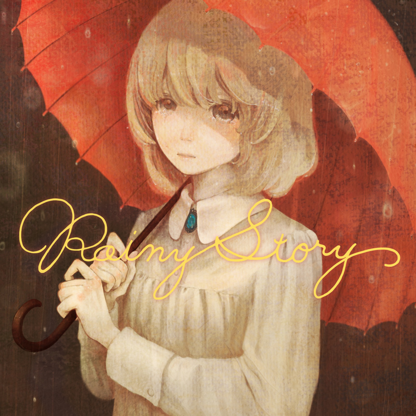 album_cover bad_id bad_pixiv_id bangs blouse brooch brown_eyes brown_hair closed_mouth cover english highres holding holding_umbrella jewelry long_sleeves looking_at_viewer onohana original rain short_hair solo tears umbrella upper_body