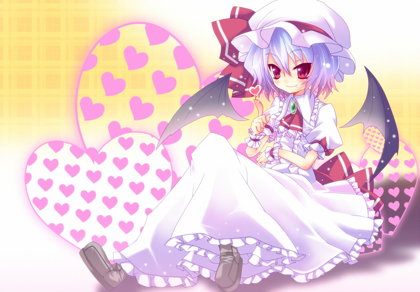 bat_wings blue_hair cicin hat heart red_eyes remilia_scarlet short_hair sitting smile solo touhou wings