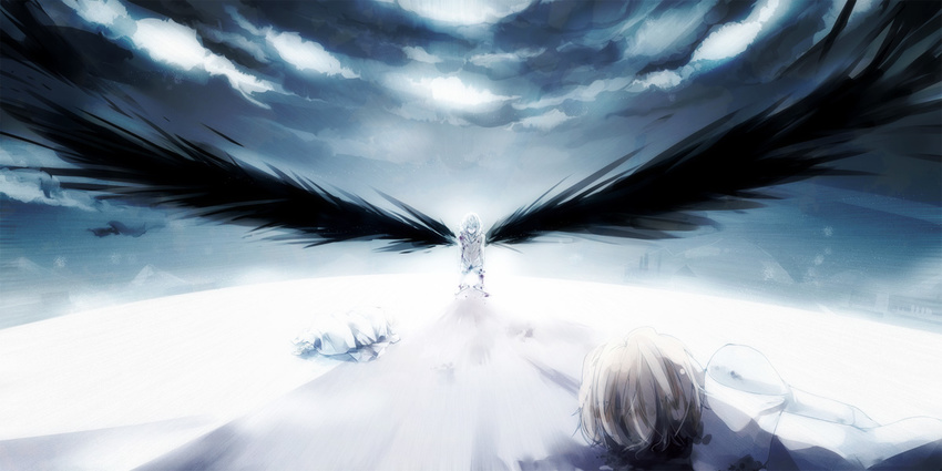 2girls accelerator black_wings fur_collar jacket last_order misaka_worst multiple_girls snow to_aru_majutsu_no_index white_hair wings yuukichi