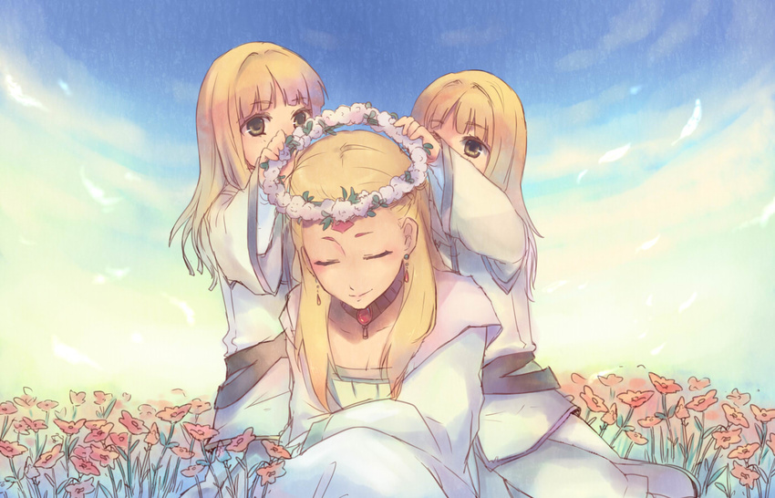 2boys alazon blonde_hair brothers child closed_eyes day flower head_wreath juuya kyou_kara_maou! mother_and_son multiple_boys putting_on_headwear saralegui siblings sky smile twins yelshi younger