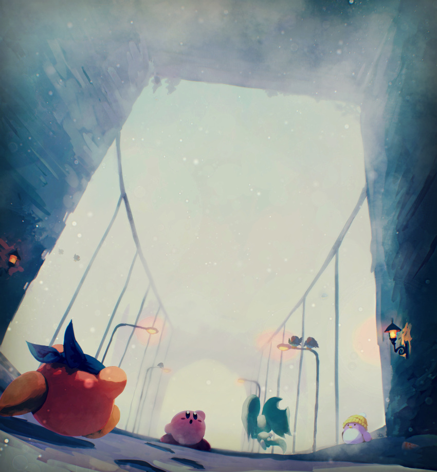 absurdres bandana bandana_waddle_dee blue_bandana blurry bridge cold elfilin flying fog highres kirby kirby_(series) kirby_and_the_forgotten_land light looking_up open_mouth revision snow snowflakes snowing surprised suyasuyabi waddle_dee walking