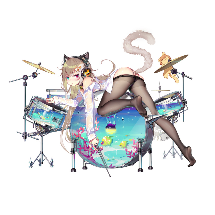 1girl anal_tail ass bangs bell black_pantyhose black_surge_night blonde_hair blue_eyes blush cat_ear_headphones character_request clothes_pull drum drumsticks fake_tail feet full_body hair_ornament headphones heterochromia highres holding holding_drumsticks instrument jingle_bell long_hair long_sleeves luode_huayuan neck_bell no_shoes pantyhose pantyhose_pull parted_lips red_eyes see-through shirt simple_background solo tail white_background white_shirt