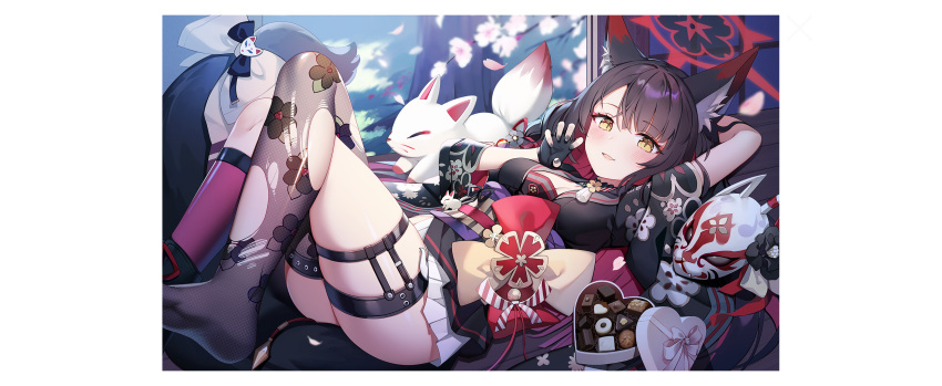 1girl animal_ear_fluff animal_ears asymmetrical_legwear bangs black_gloves black_hair black_nails black_serafuku blue_archive blue_bow blush bow box breasts cherry_blossoms chocolate claw_pose cleavage crossed_legs english_text fingerless_gloves foot_out_of_frame fox fox_ears fox_girl fox_hair_ornament fox_mask fox_tail gloves grass hair_bow halo heart-shaped_box highres indoors jehyun large_breasts long_hair looking_at_viewer lying mask mismatched_legwear official_art on_back open_mouth school_uniform serafuku shouji sidelocks skirt sliding_doors slit_pupils solo tail thigh_strap torn_clothes torn_legwear tree valentine very_long_hair wakamo_(blue_archive) white_skirt wooden_floor yellow_eyes