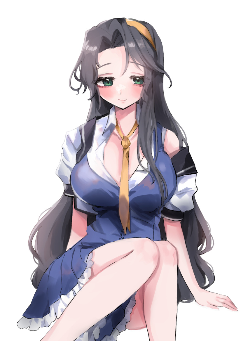1girl baldr_(series) baldr_sky bangs black_hair blue_dress blush breasts collarbone collared_shirt commission commissioner_upload cropped_jacket dress green_eyes headband highres invisible_chair jacket large_breasts long_hair looking_to_the_side necktie nishino_aki off_shoulder parted_bangs shirt shishamosama sitting skeb_commission smile solo very_long_hair white_background white_jacket white_shirt yellow_headband yellow_necktie