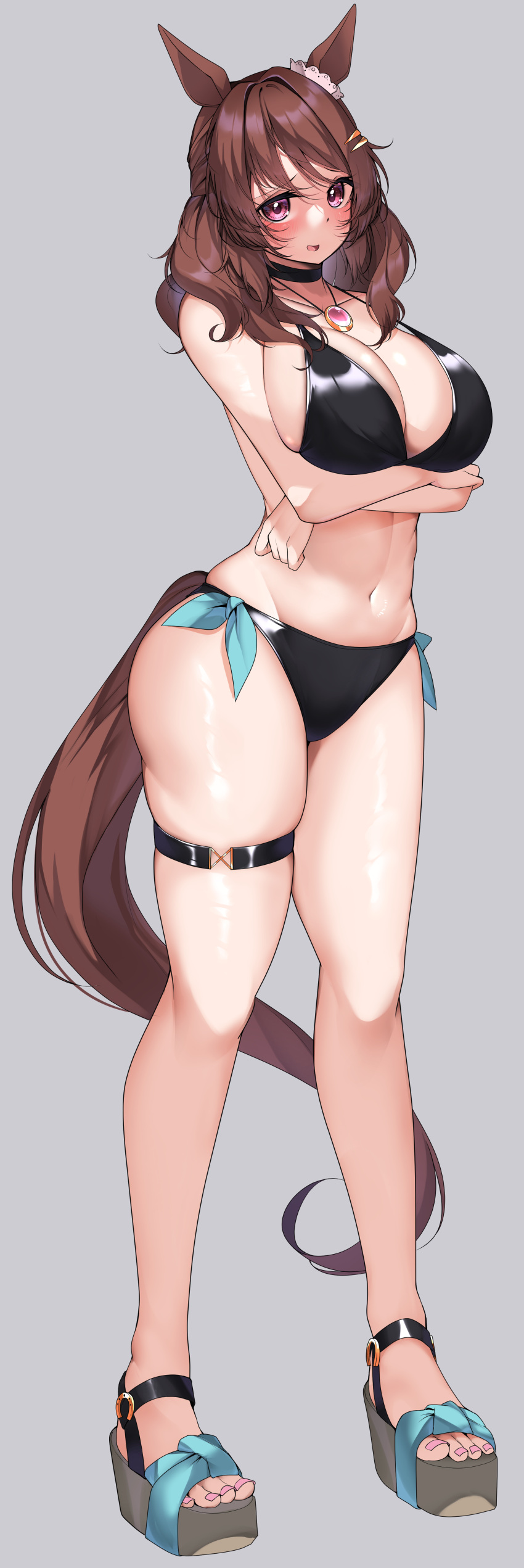 1girl absurdres animal_ears barefoot_sandals black_bikiki breasts brown_hair full_body grey_background highres horse_ears horse_girl horse_tail kshimu large_breasts light_hello_(umamusume) looking_at_viewer simple_background solo swimsuit tail umamusume