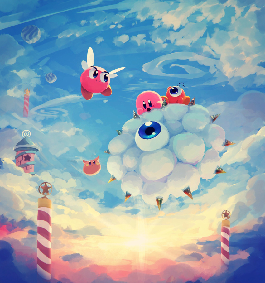 animal_ears balloon blue_eyes bronto_burt broom broom_riding cloud cloudy_sky creature day flying highres kirby kirby_(series) kracko monster one-eyed open_mouth pole riding scarfy sky smile spikes star_(symbol) sun sunlight suyasuyabi waddle_doo white_hair wings