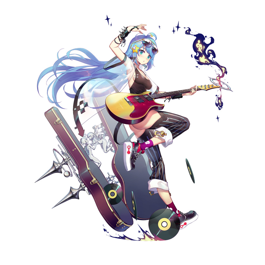 1girl ahoge arm_up bangs black_footwear black_shirt black_surge_night black_thighhighs blue_eyes blue_hair blush breasts character_request detached_leggings full_body guitar hair_ornament highres holding holding_instrument instrument instrument_case long_hair luode_huayuan medium_breasts parted_lips shirt shoes simple_background solo star_(symbol) star_hair_ornament sunglasses thighhighs very_long_hair white_background