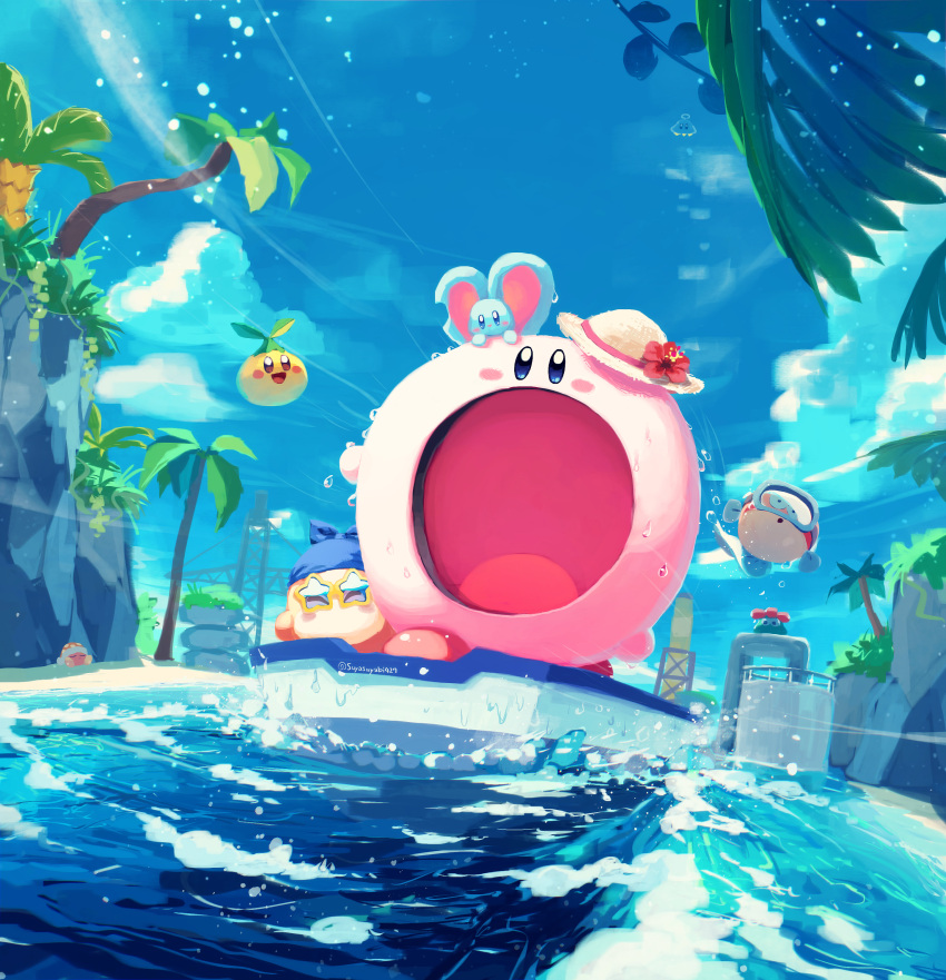 absurdres bandana bandana_waddle_dee blipper blush_stickers boat cloud colored_skin day elfilin foley_(kirby) glunk_(kirby) hat highres kirby kirby_(series) kirby_and_the_forgotten_land leaf mouthful_mode no_humans noddy_(kirby) o_o ocean open_mouth palm_tree pink_skin rock sand sky solid_oval_eyes star-shaped_eyewear straw_hat sunglasses suyasuyabi tree ufo_(kirby) water watercraft wet wind yellow-framed_eyewear