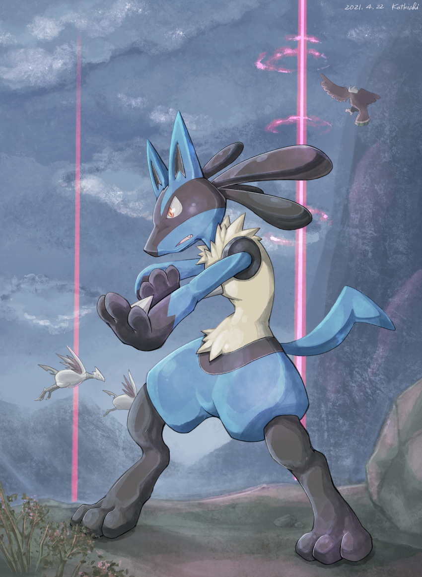 1boy absurdres animal_ears bird character_request commentary_request dated evening fangs fangs_out fighting_stance flying furry highres katkichi light_beam lucario mountainous_horizon outdoors pokemon pokemon_(creature) red_eyes signature solo_focus spikes standing