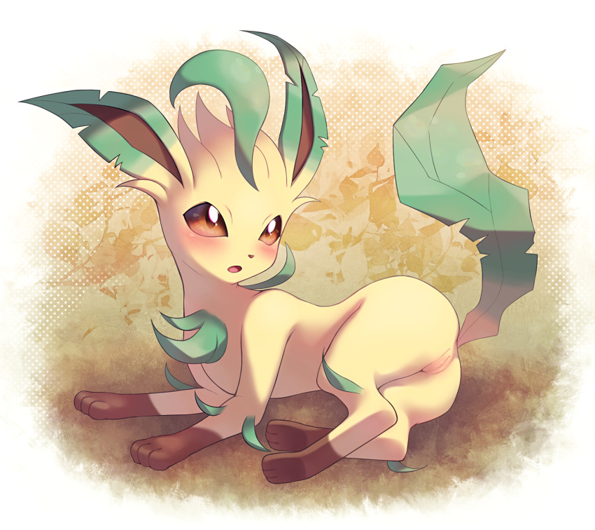 blush brown_eyes eeveelution female feral generation_4_pokemon genitals hi_res leafeon letusgomaki lying nintendo pokemon pokemon_(species) pussy solo video_games yellow_body