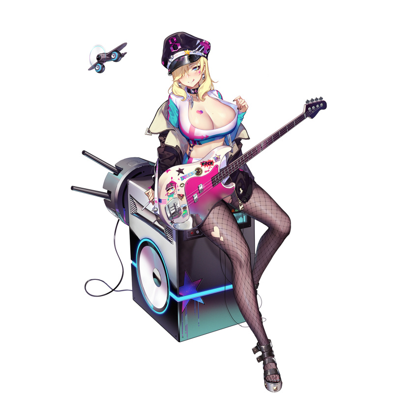 1girl :q aircraft bangs black_choker black_headwear black_surge_night blonde_hair blue_eyes breasts choker cleavage crop_top earrings facial_mark fishnet_pantyhose fishnets guitar hair_over_one_eye hat heart highres huge_breasts instrument jacket jewelry long_hair luode_huayuan o-ring off_shoulder official_alternate_costume official_art pantyhose rigging sitting solo speaker star_(symbol) tongue tongue_out torn_clothes torn_legwear transparent_background yorktown_(black_surge_night)