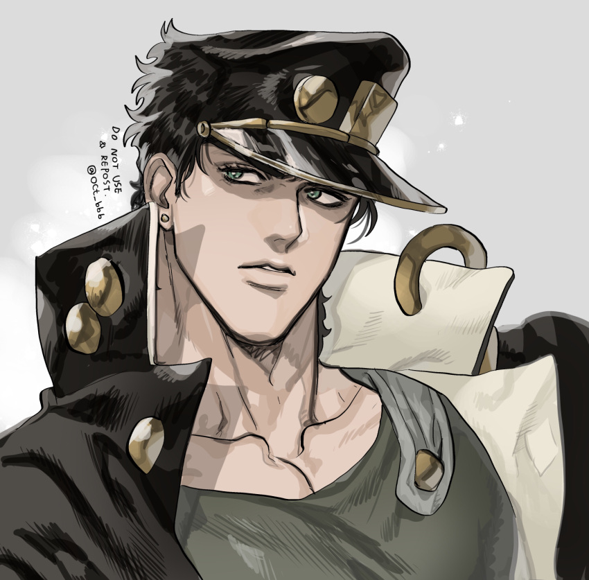 1boy black_hair black_headwear chain collarbone earrings gakuran green_eyes green_shirt grey_background hat highres jewelry jojo_no_kimyou_na_bouken kujo_jotaro looking_to_the_side male_focus muscular muscular_male nitako parted_lips school_uniform shirt solo stardust_crusaders stud_earrings twitter_username upper_body watermark