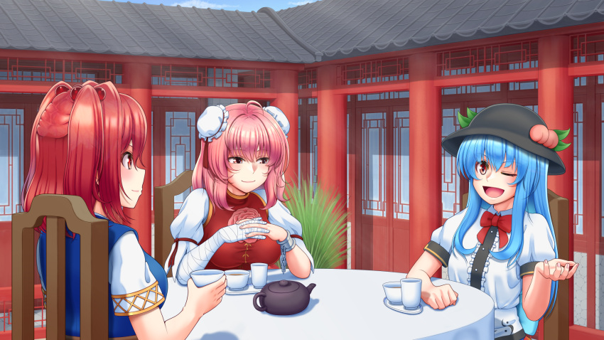 3girls bandaged_arm bandages bangs blue_dress blue_hair blue_sky bow bowtie breasts bun_cover chain chair closed_mouth collared_shirt commentary_request cuffs cup double_bun dress fingernails flower food fruit grey_headwear hair_between_eyes hair_bun hair_ornament hand_up hat hat_ornament highres hinanawi_tenshi house ibaraki_kasen kettle large_breasts leaf leaf_hat_ornament long_fingernails long_hair medium_breasts multiple_girls one_eye_closed onozuka_komachi open_mouth own_hands_together peach pink_eyes pink_flower pink_hair pink_rose plate puffy_short_sleeves puffy_sleeves red_bow red_bowtie red_eyes red_hair red_ribbon ribbon rose shirt short_hair short_sleeves short_twintails sidelocks sitting sky smile tabard table tatsu_toyoyo tea tongue touhou twintails white_shirt