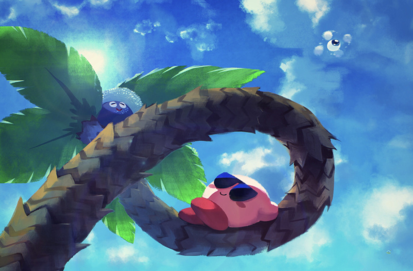 blue_sky closed_mouth cloud day gooey_(kirby) highres kirby kirby_(series) kracko_jr. lying on_back outdoors palm_tree sky smile sun sunglasses suyasuyabi tree