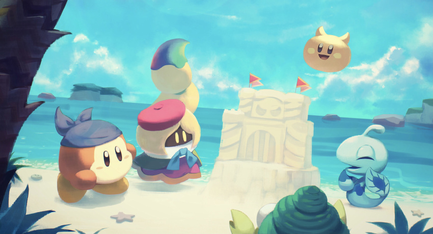 bandana bandana_waddle_dee beach blue_bandana blue_sky character_request day highres kirby_(series) ocean outdoors sand_castle sand_sculpture scarfy sky starfish suyasuyabi